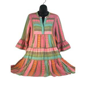 APNY Boho Multicolor Woven‎ Linen Tiered Dress Sz S Bell Sleeves